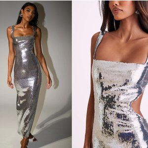 ADORIA Sequin Cut Out Maxi Dress - Silver XXS